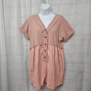 Pink Lily Pink Romper Ribbed Gauzy Boho Ruffle Cottagecore S